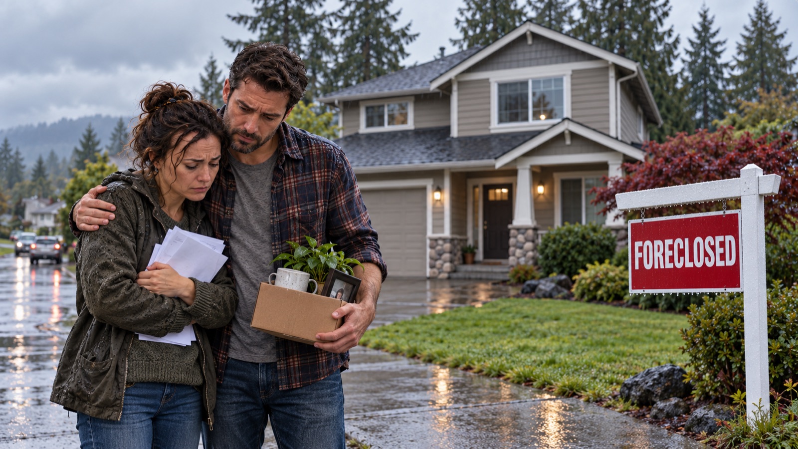 A distressed couple holding mortgage paperwork and a box of belongings on a rainy street in front of their Washington home beside a red FORECLOSED sign