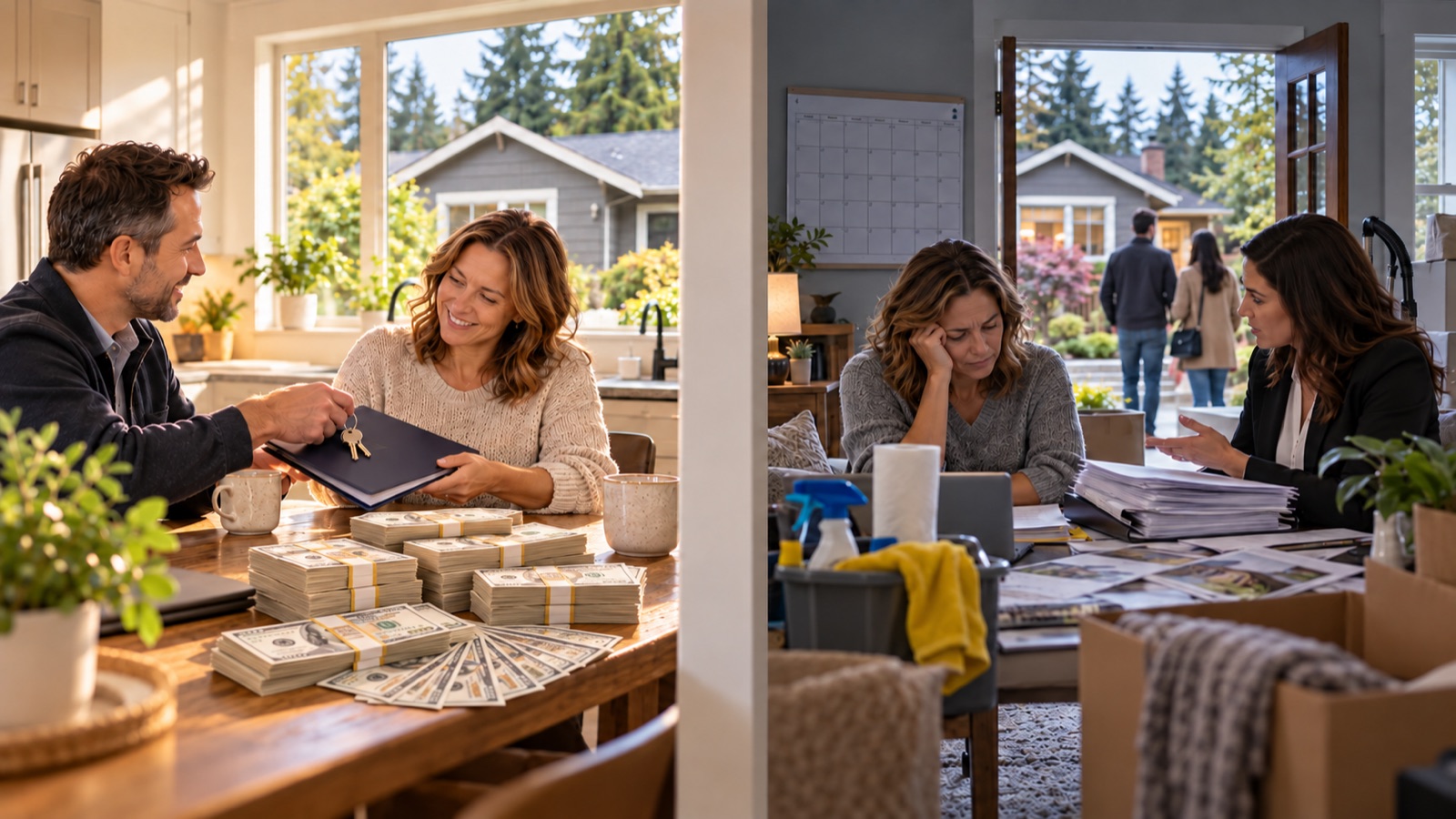 Split scene: on the left a couple receives cash and house keys across a kitchen table, on the right a stressed homeowner sorts paperwork and cleaning supplies during an agent-led listing