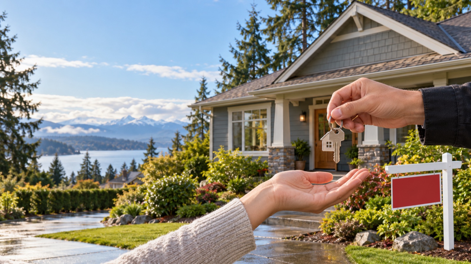 A person handing house keys to a buyer in front of a Washington craftsman home with a lake and the Cascade mountains behind
