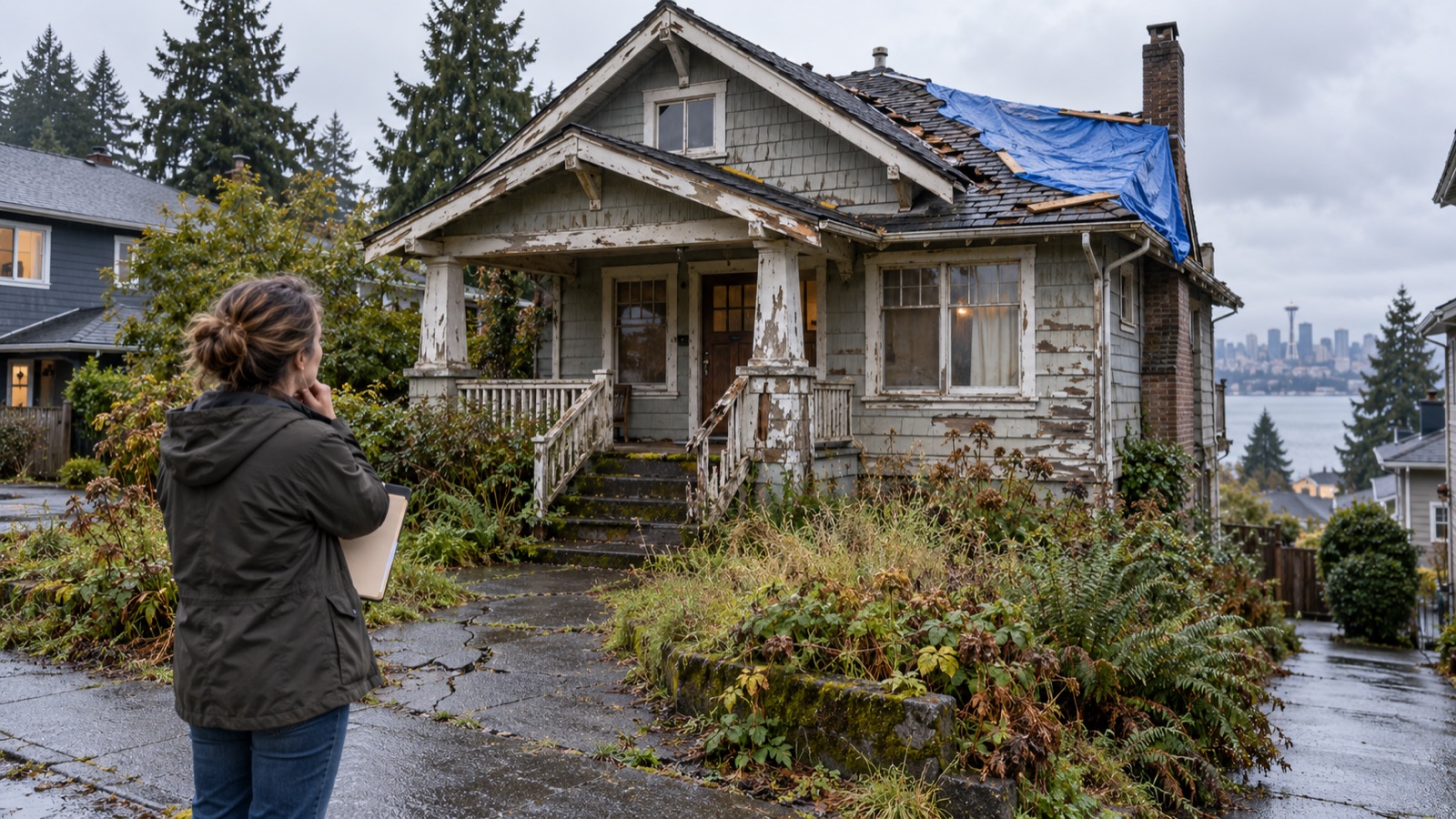 A woman with a folder studies a run-down Seattle-area craftsman home with peeling paint, an overgrown yard, and a tarped roof, the city skyline and Puget Sound in the distance