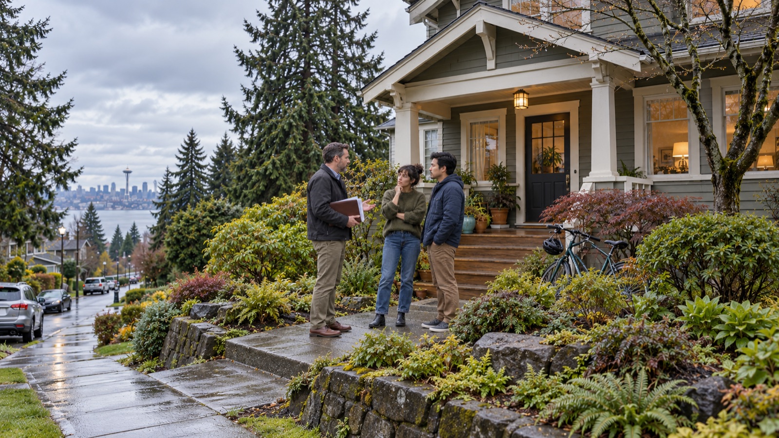 A property owner with a folder talking to a young couple of tenants outside a craftsman rental home in a Seattle-area neighborhood, with the city skyline and Puget Sound in the background