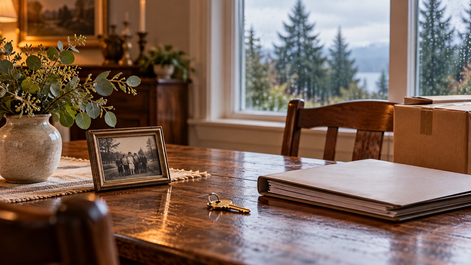 An heirloom family photo, a house key, and an estate document folder on a wood dining table, with a Pacific Northwest lake and evergreens through the window